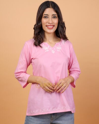 Sahiba Pure Cotton Pink Chikankari Short Top