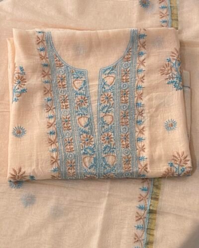Premium Mul Chanderi Chikankari Unstitched Kurta and Dupatta set - Peach