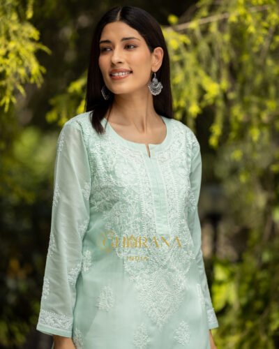 Sahiba Chikankari Pastel Green Cotton Kurta with Bakhiya work