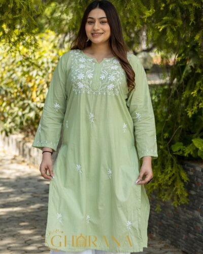 Sahiba Light Green Pure Cotton Chikankari Kurta with very intricate hand embroidery.