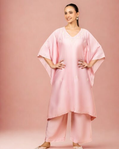 Premium Chanderi Silk Baby Pink Chikankari Kaftan Set