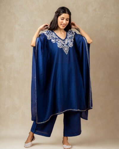 Premium Chanderi Silk Midnight Blue Chikankari Kaftan Set with Kamdani Work