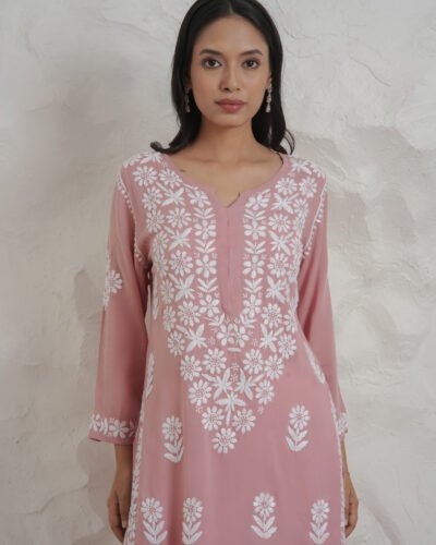 Myra Modal fine cotton chikan kari Kurta - Onion Pink