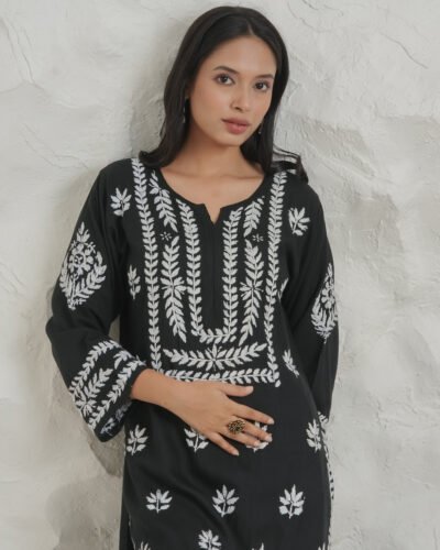 Myra Modal fine cotton chikan kari Kurta - Black