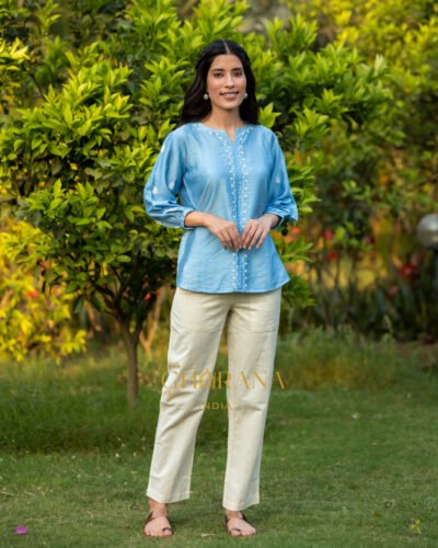Sahiba Premium Chanderi Silk Bright Blue Chikankari Top