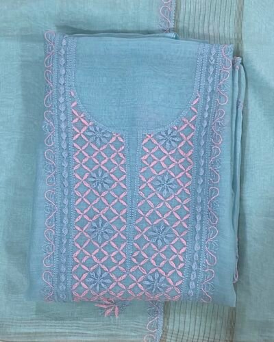 Premium Mul Chanderi 2 piece Chikankari Unstitched Kurta and Dupatta set - Powder Blue