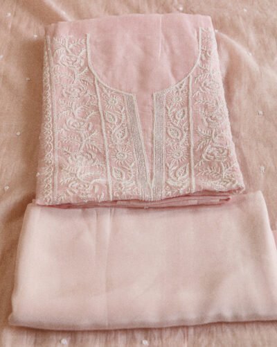 Premium Mulchanderi 3 PC Unstitched Kurta, Dupatta and Bottom Set in Pearl, Katdana Jaal work-Light Pink