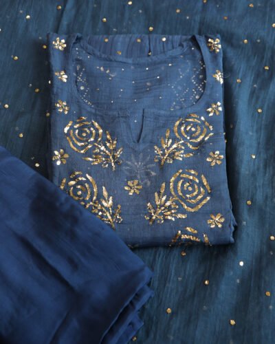 Premium Mulchanderi 3 PC Semi stitched Tunic, Dupatta & Bottom in Kamdani work-Cobalt Blue