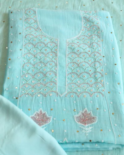Premium Mulchanderi 3 PC Unstitched Kurta, Dupatta & Bottom Set in Pearl, Katdana, Mukaish in Jaal - Turquoise