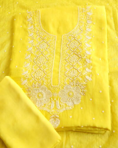 Premium Mulchanderi 3 PC Unstitched Kurta and Dupatta and Bottom Set in Pearl Katdana and Mukaish work-Yellow