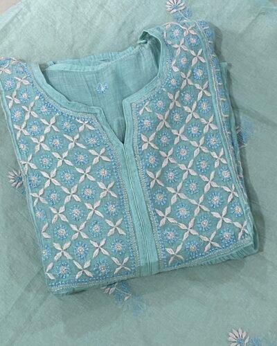 Premium Mulchanderi Chikankari Semi Stitched 2 piece Tunic and Dupatta set - Light Aqua