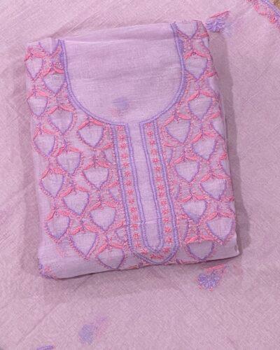 Premium Mul Chanderi 2 piece Chikankari Unstitched Kurta and Dupatta set - Lavender