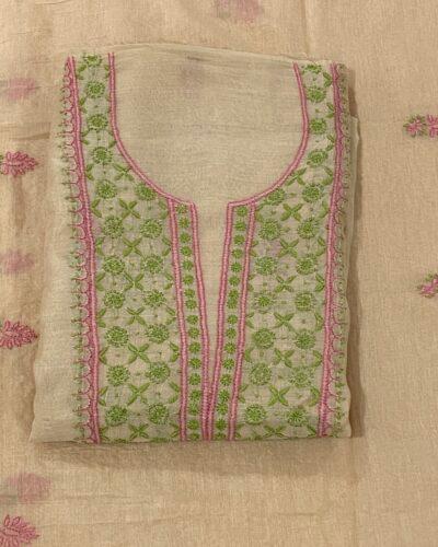 Premium Mul Chanderi 2 piece Chikankari Unstitched 2 piece Kurta and Dupatta set - Dark beige