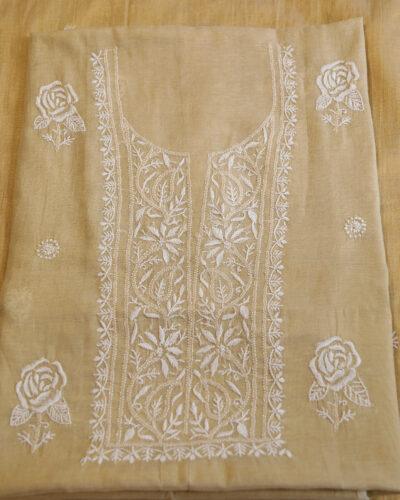 Pure Tissue Chanderi Chikankari Unstitched Kurta and Dupatta Set - Beige