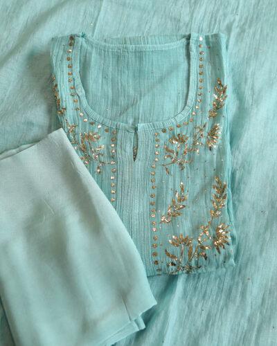 Premium Mulchanderi 3 PC Semi stitched Tunic, Dupatta & Bottom in Kamdani work-Sea Green