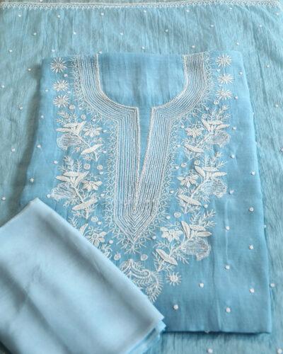 Premium Mulchanderi 3 PC Unstitched Kurta, Dupatta and Bottom Set in Pearl, Katdana Jaal work-Powder Blue