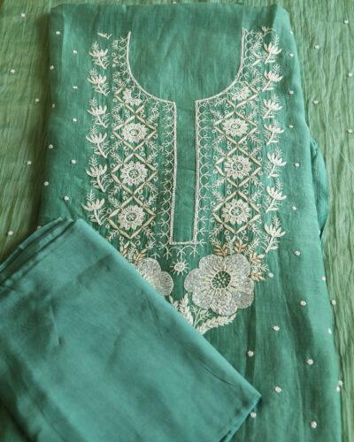 Premium Mulchanderi 3 PC Unstitched Kurta and Dupatta and Bottom Set in Pearl Katdana and Mukaish work-Sage Green